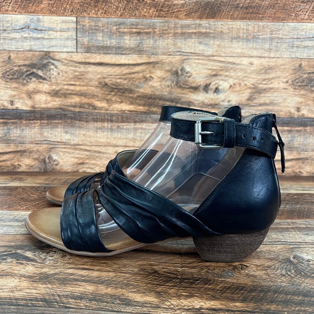 Miz Mooz Black Cassie Ruched Leather Sandals Women's 41 US9.5 Shoes Heels
